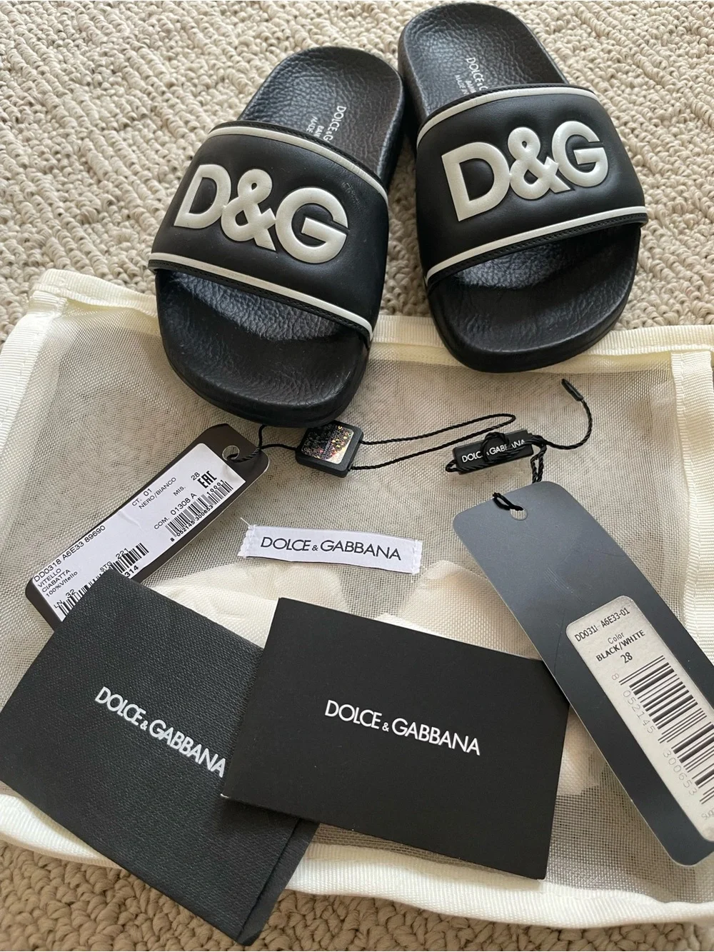 Dolce & Gabbana Black Kids D&G Logo Slide Sandals with White Trim